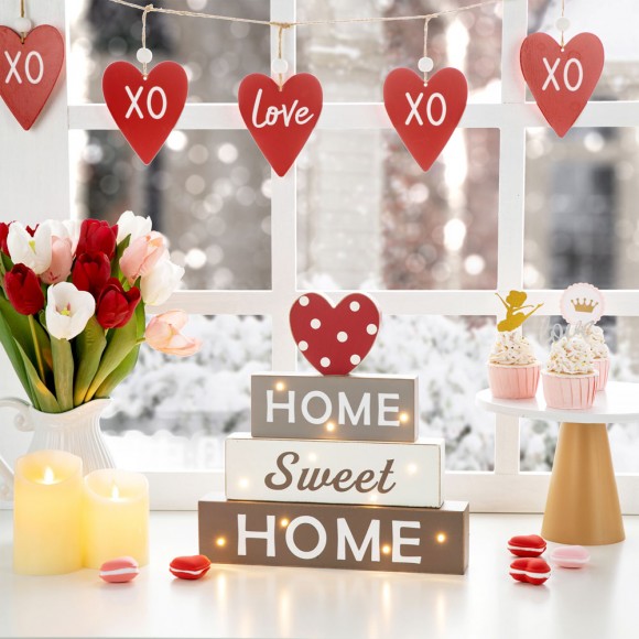 Glitzhome Glitzhome 12.75"H Lighted Wooden Block Word Sign With 5 Changeable Top Decors( Spring/ Valentine/ Patriotic/ Fall/ Christmas)