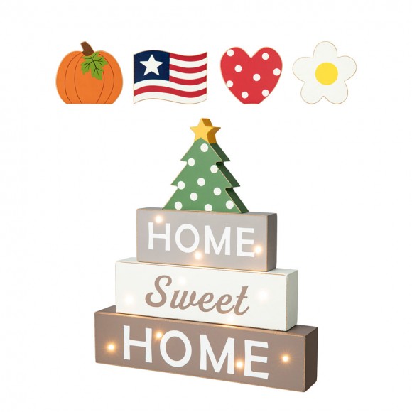 Glitzhome Glitzhome 12.75"H Lighted Wooden Block Word Sign With 5 Changeable Top Decors( Spring/ Valentine/ Patriotic/ Fall/ Christmas)