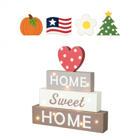glitzhome Glitzhome 12.75"H Lighted Wooden Block Word Sign with 5 Changeable Top Decors( Spring/ Valentine/ Patriotic/ Fall/ Christmas)