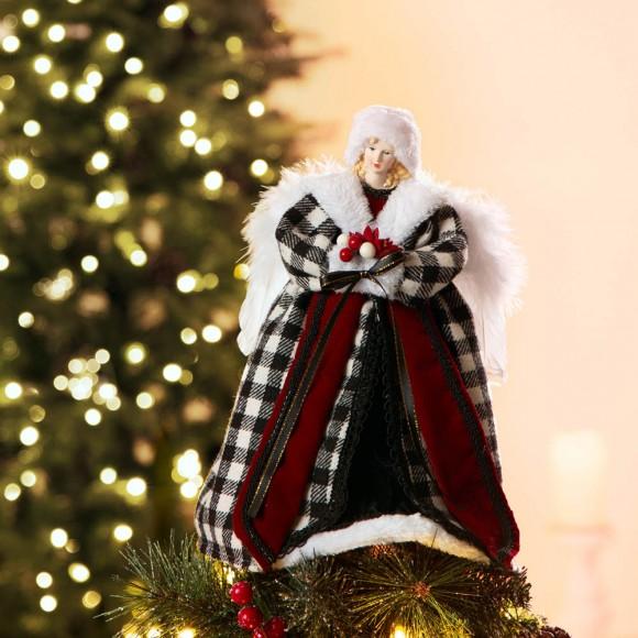 Glitzhome Glitzhome 12"H Black/White Plaid Angel Tree Topper