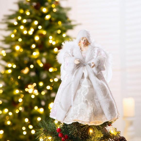 Glitzhome Glitzhome 12"H Christmas Angel Tree Topper With White Faux Fur Dress