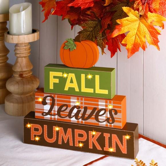 Glitzhome Glitzhome 12"H LED Lighted Fall Wooden Block Word Sign Decor