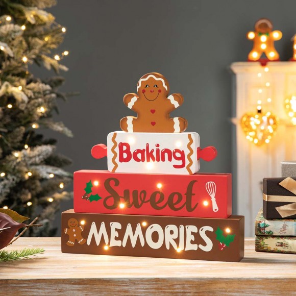 Glitzhome Glitzhome 12"H Lighted Wooden Christmas Gingerbread Man Block Table Decor