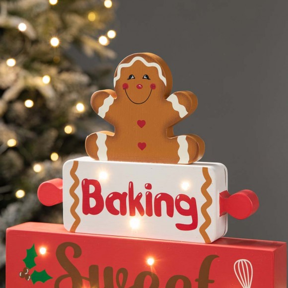 Glitzhome Glitzhome 12"H Lighted Wooden Christmas Gingerbread Man Block Table Decor