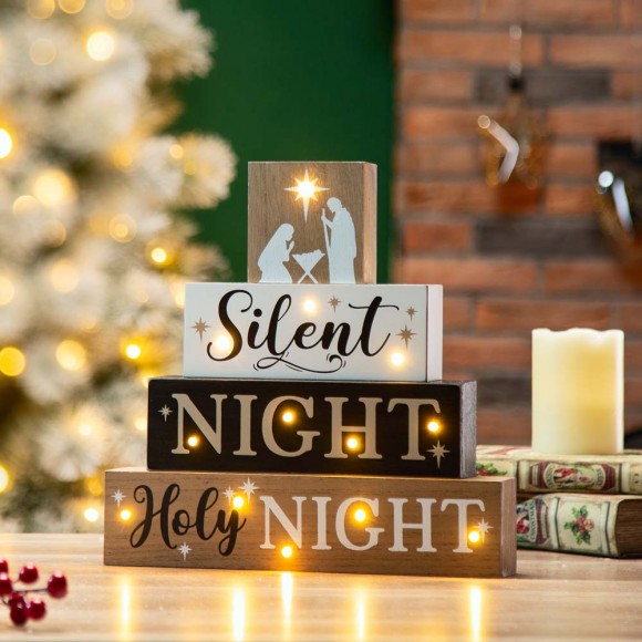 Glitzhome Glitzhome 12"H Lighted Wooden Nativity Block Word Sign Decor