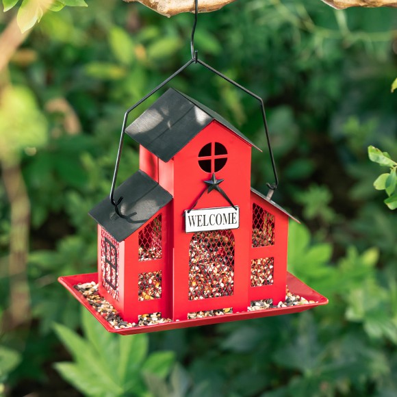 Glitzhome Glitzhome 12"H Metal Red House Hanging Birdfeeder(KD)