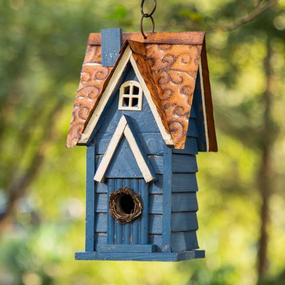 Glitzhome Glitzhome 12"H Retro Blue Distressed Solid Wood Cottage Birdhouse