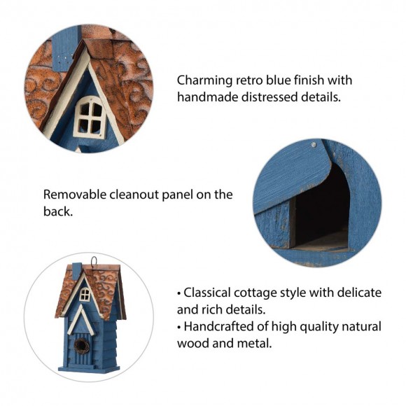 Glitzhome Glitzhome 12"H Retro Blue Distressed Solid Wood Cottage Birdhouse