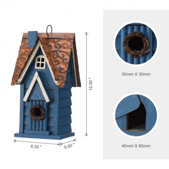 Glitzhome Glitzhome 12"H Retro Blue Distressed Solid Wood Cottage Birdhouse
