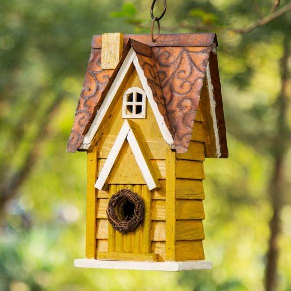 Glitzhome Glitzhome 12"H Retro Yellow Distressed Solid Wood Cottage Birdhouse