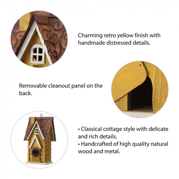 Glitzhome Glitzhome 12"H Retro Yellow Distressed Solid Wood Cottage Birdhouse