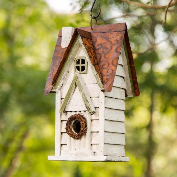 Glitzhome Glitzhome 12"H Washed White Distressed Solid Wood Cottage Birdhouse