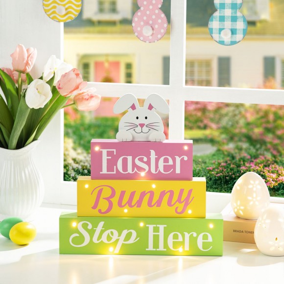 Glitzhome Glitzhome 12"L Easter LED Lighted Wooden Bunny Block Word Sign