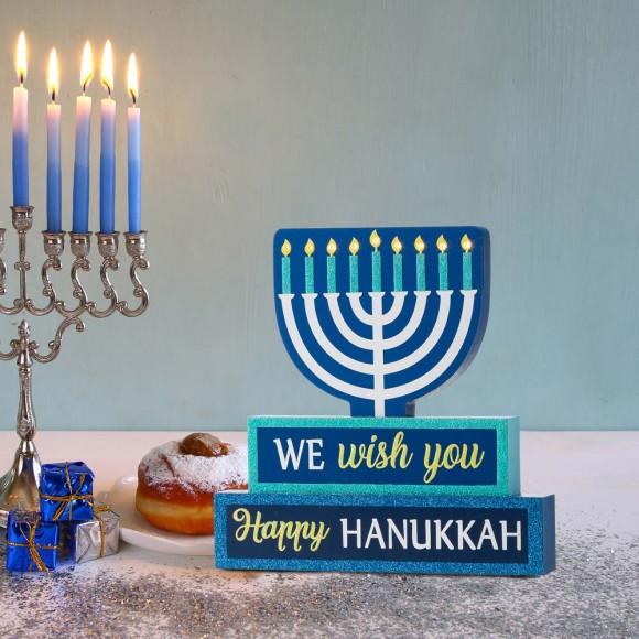 Glitzhome Glitzhome 12"L Hanukkah LED Lighted Wooden Block Word Sign Decor(9 Bulbs)