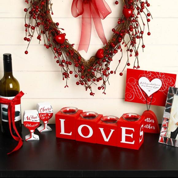 Glitzhome Glitzhome 12"L Valentine's Wooden Love/XoXo/Huge/Kiss All Round Candle Holder Table Decor