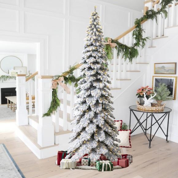 Glitzhome Glitzhome 12ft Pre-Lit Flocked Layered Slim Spruce Artificial Christmas Tree With 900 Warm White Lights Three Function Simple Setup