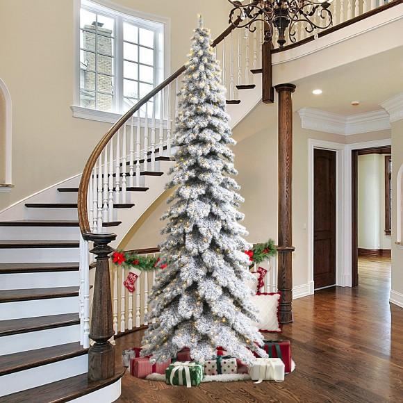 Glitzhome Glitzhome 12ft Pre-Lit Flocked Layered Slim Spruce Artificial Christmas Tree With 900 Warm White Lights Three Function Simple Setup