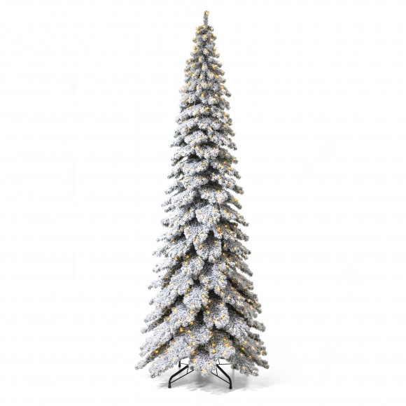 glitzhome Glitzhome 12ft Pre-Lit Flocked Layered Slim Spruce Artificial Christmas Tree with 900 Warm White Lights Three Function Simple Setup