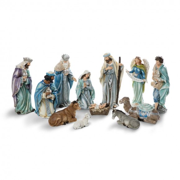 glitzhome Glitzhome 12pcs Oversized Deluxe Blue Resin Nativity Scene Figurine Set