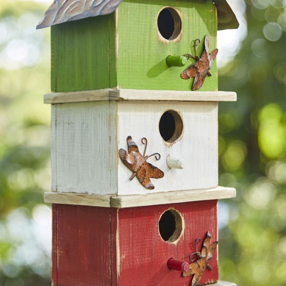 Glitzhome Glitzhome 13.75"H Multicolored Three-Tiered Distressed Solid Wood Birdhouse