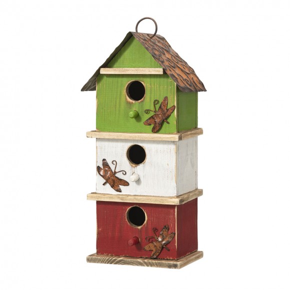 glitzhome Glitzhome 13.75"H Multicolored Three-Tiered Distressed Solid Wood Birdhouse