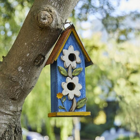 Glitzhome Glitzhome 13.75"H Washed Blue Two-Tiered Distressed Solid Wood Birdhouse With 3D Flowers
