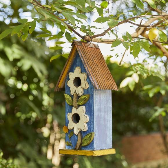 Glitzhome Glitzhome 13.75"H Washed Blue Two-Tiered Distressed Solid Wood Birdhouse With 3D Flowers