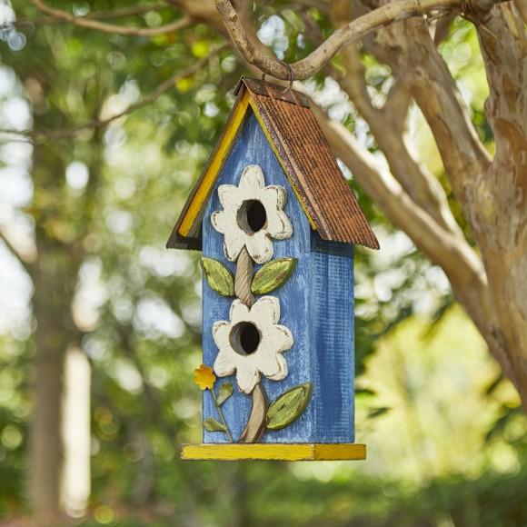 Glitzhome Glitzhome 13.75"H Washed Blue Two-Tiered Distressed Solid Wood Birdhouse With 3D Flowers