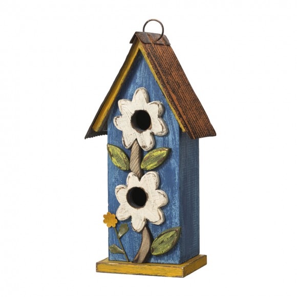 glitzhome Glitzhome 13.75"H Washed Blue Two-Tiered Distressed Solid Wood Birdhouse with 3D Flowers