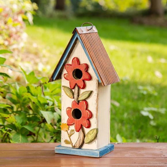 Glitzhome Glitzhome 13.75"H Washed White Two-Tiered Distressed Solid Wood Birdhouse With 3D Flowers