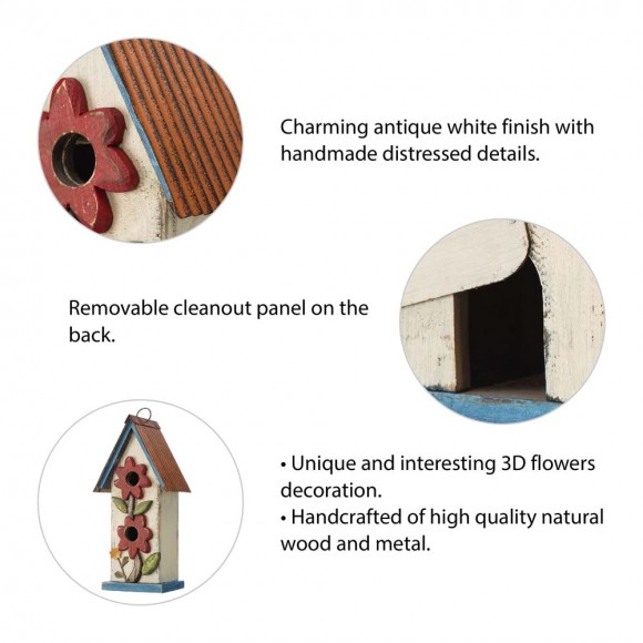 Glitzhome Glitzhome 13.75"H Washed White Two-Tiered Distressed Solid Wood Birdhouse With 3D Flowers