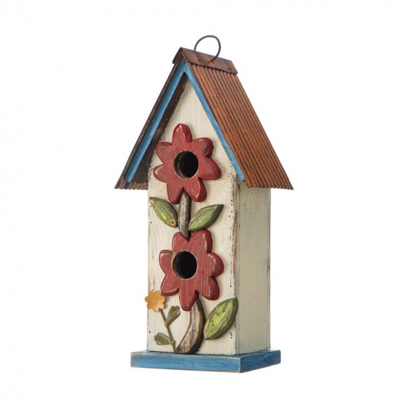 glitzhome Glitzhome 13.75"H Washed White Two-Tiered Distressed Solid Wood Birdhouse with 3D Flowers