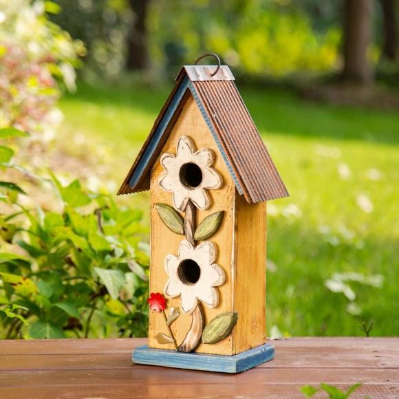 Glitzhome Glitzhome 13.75"H Washed Yellow Two-Tiered Distressed Solid Wood Birdhouse With 3D Flowers