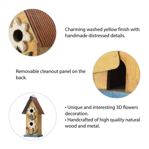 Glitzhome Glitzhome 13.75"H Washed Yellow Two-Tiered Distressed Solid Wood Birdhouse With 3D Flowers