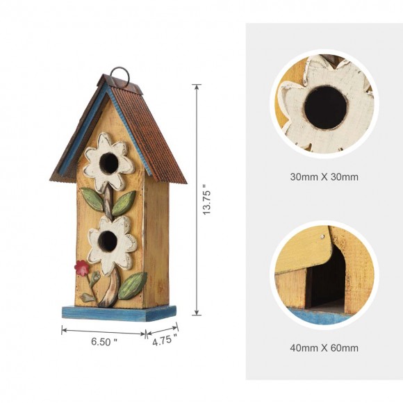Glitzhome Glitzhome 13.75"H Washed Yellow Two-Tiered Distressed Solid Wood Birdhouse With 3D Flowers