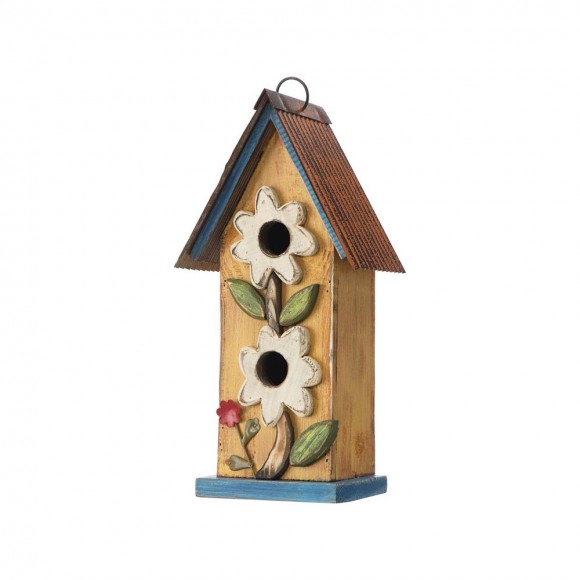 glitzhome Glitzhome 13.75"H Washed Yellow Two-Tiered Distressed Solid Wood Birdhouse with 3D Flowers
