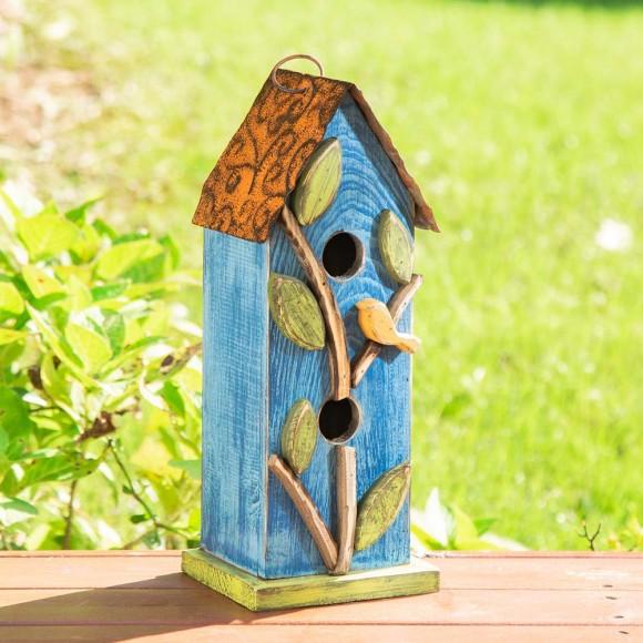 Glitzhome Glitzhome 13"H Washed Blue Two-Tiered Distressed Solid Wood Birdhouse With 3D Tree And Bird