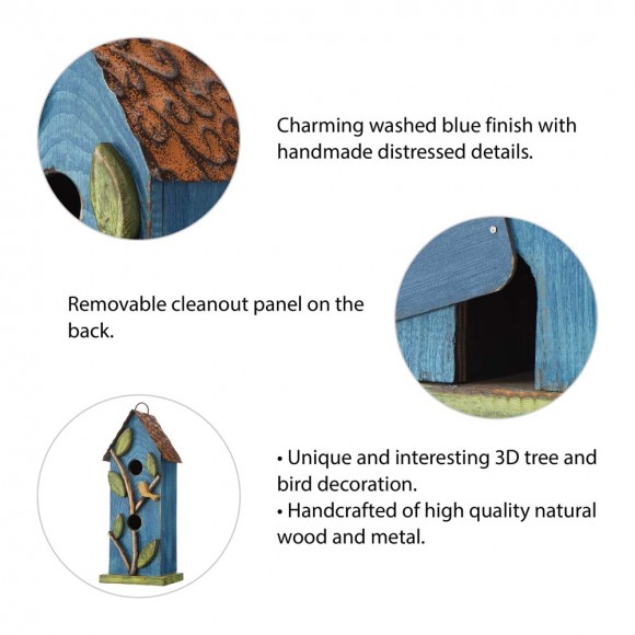 Glitzhome Glitzhome 13"H Washed Blue Two-Tiered Distressed Solid Wood Birdhouse With 3D Tree And Bird