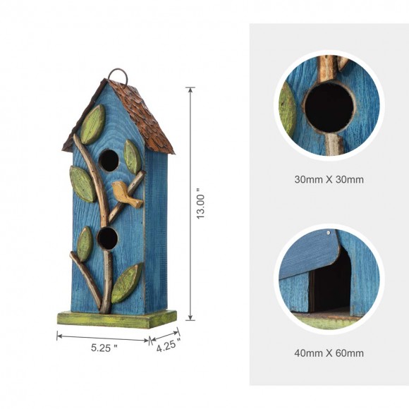 Glitzhome Glitzhome 13"H Washed Blue Two-Tiered Distressed Solid Wood Birdhouse With 3D Tree And Bird