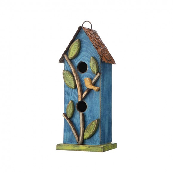 glitzhome Glitzhome 13"H Washed Blue Two-Tiered Distressed Solid Wood Birdhouse with 3D Tree and Bird