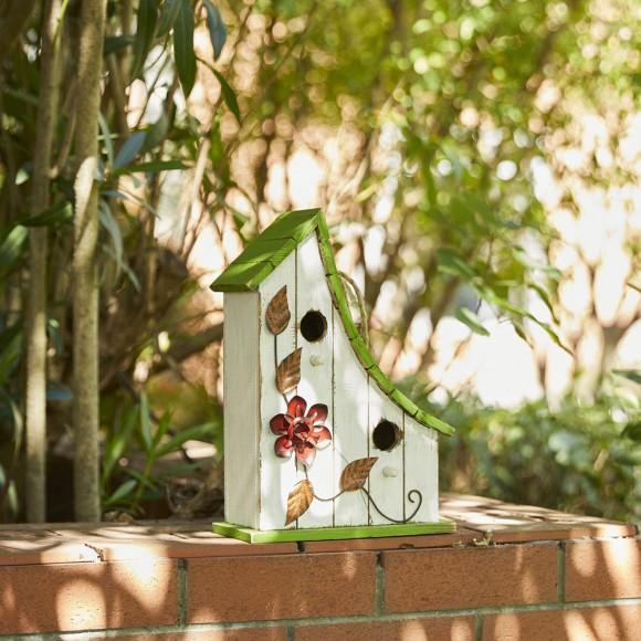Glitzhome Glitzhome 13"H Washed White Distressed Solid Wood Birdhouse With Green Roof