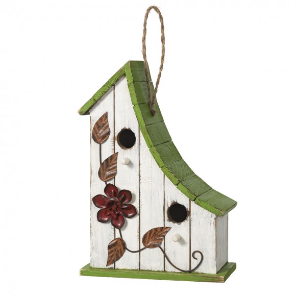 glitzhome Glitzhome 13"H Washed White Distressed Solid Wood Birdhouse with Green Roof