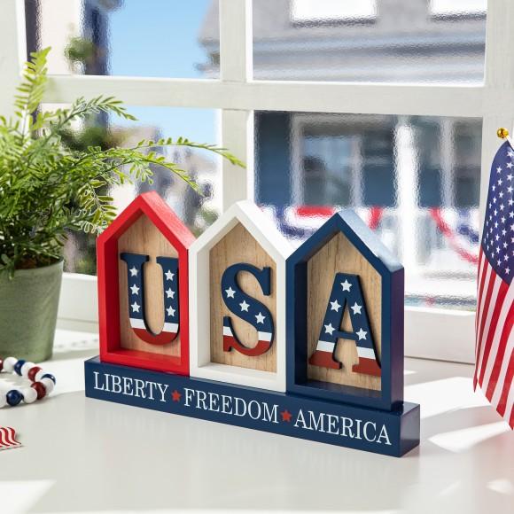 Glitzhome Glitzhome 13"L Patriotic Americana Wooden House-shaped Table Decor