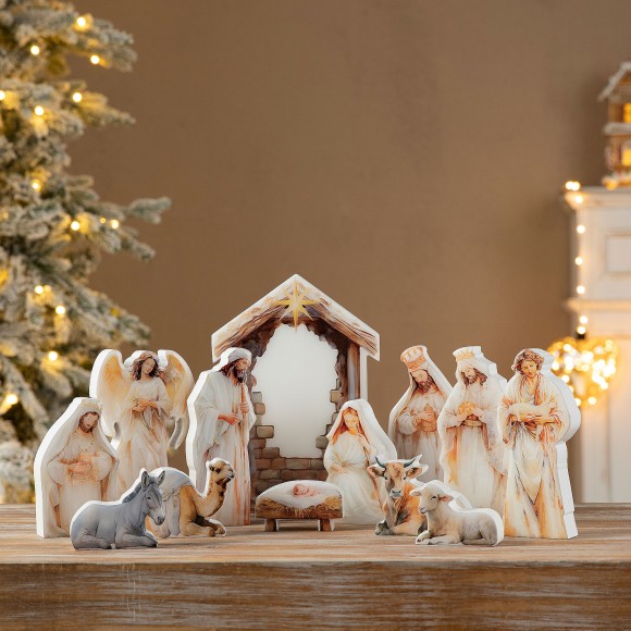Glitzhome Glitzhome 13pcs Christmas Wooden & Epoxy Resin Nativity Figurine Set