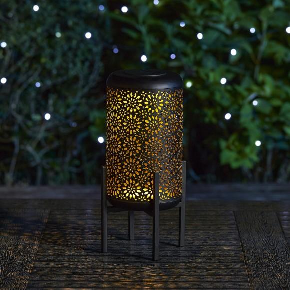 Glitzhome Glitzhome 14.25"H Black And Gold Metal Cutout Flower Pattern Solar Powered LED Outdoor Lantern With Stand