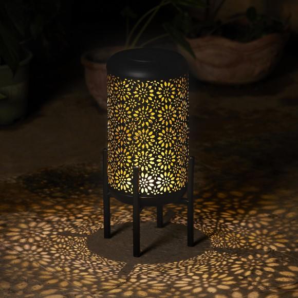 Glitzhome Glitzhome 14.25"H Black And Gold Metal Cutout Flower Pattern Solar Powered LED Outdoor Lantern With Stand