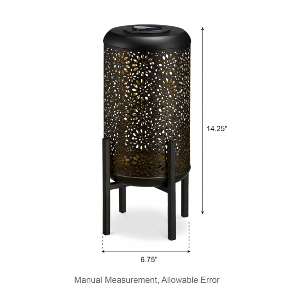 Glitzhome Glitzhome 14.25"H Black And Gold Metal Cutout Flower Pattern Solar Powered LED Outdoor Lantern With Stand