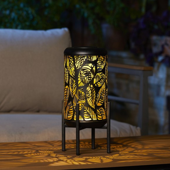 Glitzhome Glitzhome 14.25"H Black And Gold Metal Cutout Leaves Pattern Solar Powered LED Outdoor Lantern With Stand