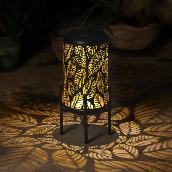Glitzhome Glitzhome 14.25"H Black And Gold Metal Cutout Leaves Pattern Solar Powered LED Outdoor Lantern With Stand