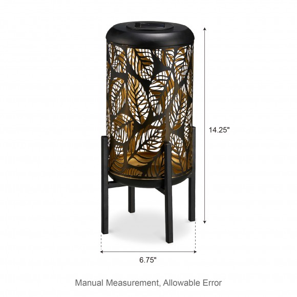 Glitzhome Glitzhome 14.25"H Black And Gold Metal Cutout Leaves Pattern Solar Powered LED Outdoor Lantern With Stand